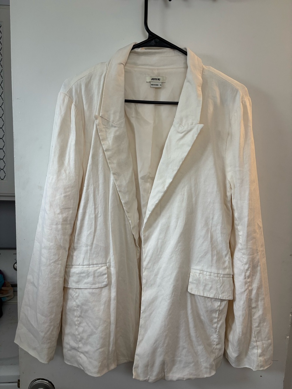 Jason Wu White Ivory Linen Blend Stretch Blazer Open Front Jacket Size M